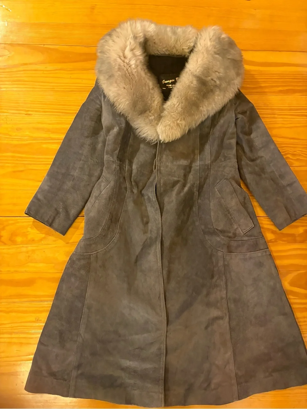 Women’s Long Gray Suede Coat with Real Fur Collar - Picture 2 of 5
